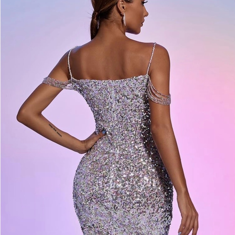 BELLA BARNETT Bead Straps Sequin Mini Dress Birthday Sexy Deep V Size Med - Picture 3 of 10